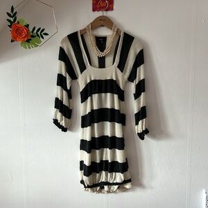 VTG EUC Express xs stripe knit bubble hem dress charcoal gray cream college 2005